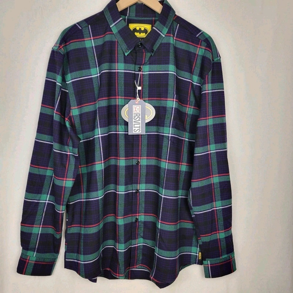 RSVLTS Batman Joker Flannel Shirt‎ XL Green Purple Plaid Stretch NWT Comiccore